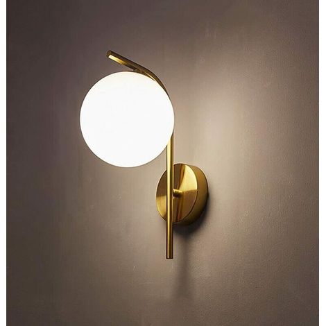 Applique murale moderne en fer doré avec abat-jour en verre blanc – Hauteur 32 cm – Diamètre 20 cm – Lumière douce pour chambre et salon