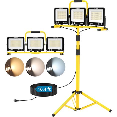 3 X 100 W Projecteur De Chantier LED Avec Trépied, 27000 LM Lampes De Travail À LED Trépied Réglable Avec 3 Modes De Température De Couleur, Câble 5M, IP66 Étanche (1/5)