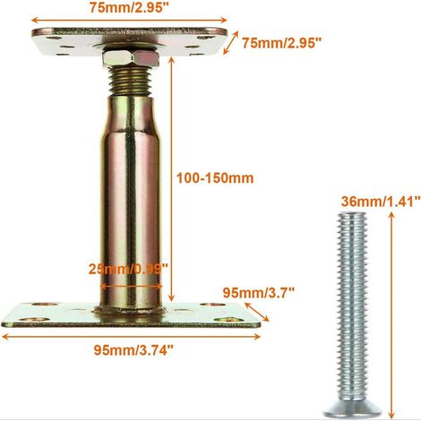 Lot de 2 supports de poteau réglables surélevés en acier galvanisé, 100-150 mm, pour chantier - Finition dorée (1/4)