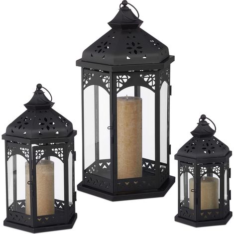Relaxdays Set of 3 Lanterns, Decorative In- & Outdoor Lanterns, 3 Sizes, Vintage, Retro Lantern For Candles, Black