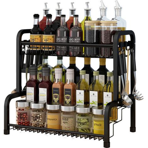 Étagère à épices Rangement des épices en métal 2 niveaux Étagère pour bouteilles d'épices (1/4)