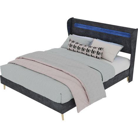 Lit moderne minimaliste rembourré 140×200cm gris,tête LED souple,base basse sans rangement ni gaz,lit double sans matelas (1/5)