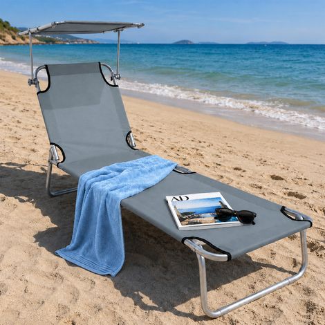 Lettino Mare Pieghevole Leggero con Tettuccio Parasole Regolabile Grigio