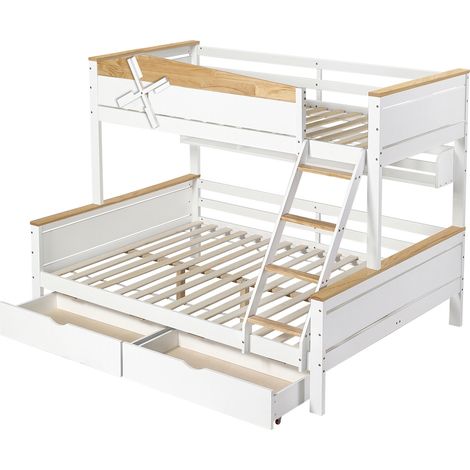 Kinder-Hochbett mit Windrad, Regalen und Schubladen, Kiefer/MDF, Weiß-Natur 90x200/140x200 (1/5)