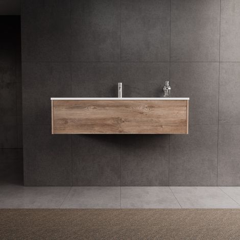 Inda - Badezimmerschrank 1 Schublade L.120 mit glänzendem Waschbecken / Natureiche - Diamante