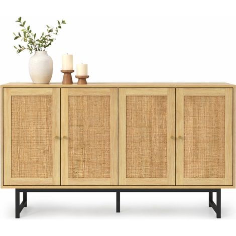 Buffet 140 x 39,5 x 80 cm à 4 portes, bois, tressage naturel, charnières amorties et pieds 18 cm, idéal salon séjour entrée - CHICFURN (1/5)