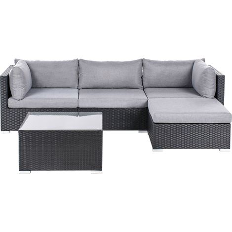 Divano da giardino con tavolino quadrato in vimini nero e rattan grigio Cuscini Sano (1/5)