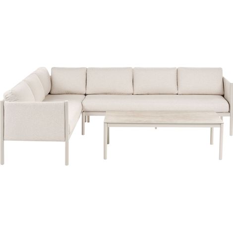 Outdoor Corner Sofa with Table Light Beige Aluminium Powder Coated Right Hand 5 Seater Lounge Set Glass Tabletop Modern Garden Patio TONARA (1/5)
