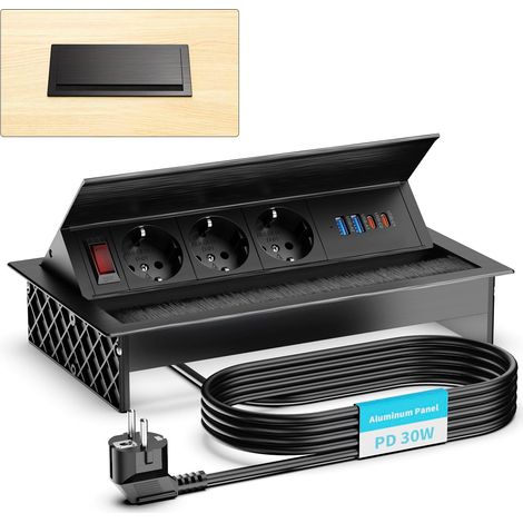 Prise encastrable en Aluminium 3 Prises avec 2 Ports USB-C PD 30W & 2 Ports USB-A – Bloc multiprise escamotable, Angle réglable pour Cuisine, Bureau & Plan de Travail, câble 1,8 m, Noir
