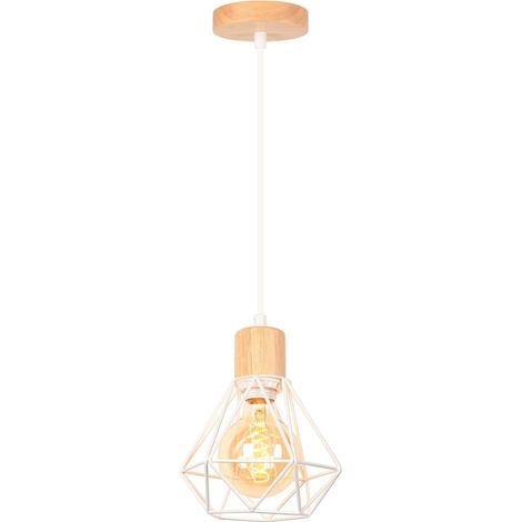Suspension Industrielle - 1 Unité - Métal Et Bois - Design Cage Géométrique - Pour Couloir Et Entrée - Blanc Ø 16cm (1/5)