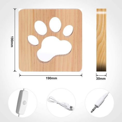 Lampe De Chevet - Patte De Chien - Bois De Pin - Lumière Chaude Led - Rechargeable Usb - 1 Pièce (1/4)