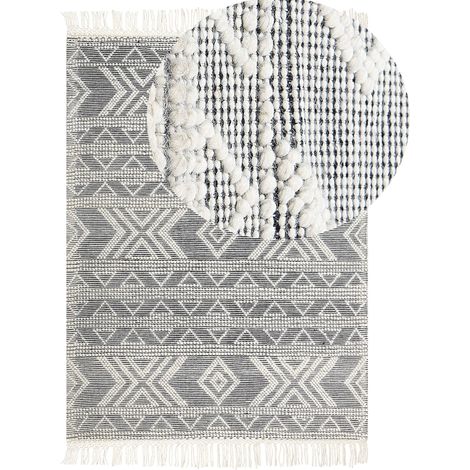 Tappeto di lana bianco e nero fatto a mano motivo geometrico e nappe 160 x 230 cm Pazar
