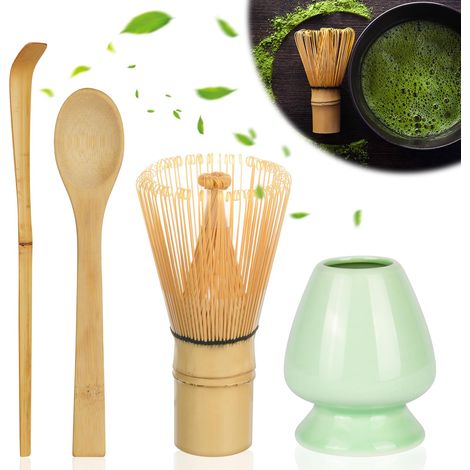 Fouets à Matcha, 4 Pièces Ensemble de Balais à Matcha, Kit Accessoire pour Cérémonie du Thé Matcha-Fouet en Bambou, EnsembleThé Matcha, Cuillère Traditionnelle, Cuillère à Thé (1/5)