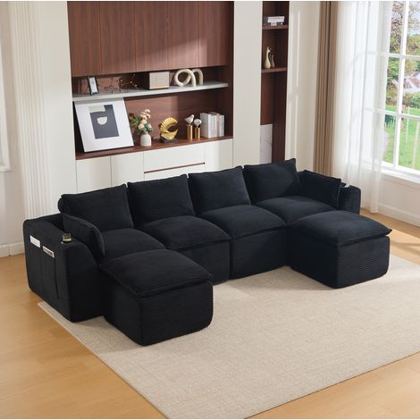 Modulares 4-Sitzer-Sofa mit 2 Fußhockern, Kissen, Getränkehalter, Cord, schwarz OKMYHOME (1/5)