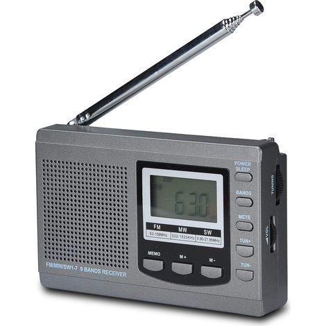 Ra DSP AM/FM/SW pleine bande, haut-parleurs stéréo, écran LCD, alarme, minuterie, veille, ra portable (gris)