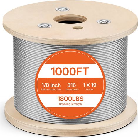 Cable en Acier Inoxydable, Cable Métallique T316 0,3 cm, Cable d'Acier 305 m, Construction 1x19 Surface Lisse pour Applications de Gréage et de Levage Cables (1/5)
