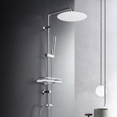 Görbach Colonne de douche chromée adaptable sur robinetterie existante, douche pluie ronde Ø25 cm avec tablette intégrée (1/5)
