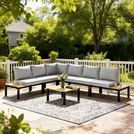 Salon de jardin modulaire 6 pièces ensemble canapé extérieur transformable et plateaux latéraux gris en lit table basse finition de qualité