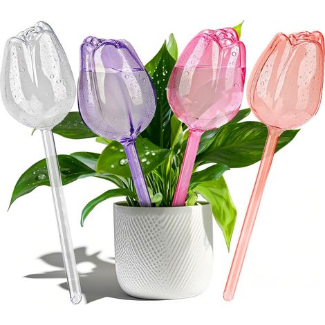 Lot de 4 ampoules globes d’arrosage autonome en forme de tulipe, dispositifs d’arrosage automatique plastiques adaptés aux plantes d’appartement en pot intérieures et extérieures, outils d’irrigation (1/5)