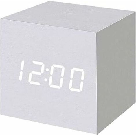 Digitaler Wecker aus Holz mit LED-Beleuchtung, digitaler Würfelwecker mit Datums- und Temperaturanzeige, USB-/Batterieanschluss (Weiß)
