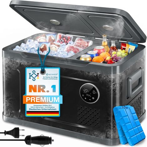 KESSER® Kompressor Kühlbox 2in1 Doppelzone Kühl- & Gefrierfach   elektrisch Gefrierbox LED-Touch-Bedienung 12/24 V 230V   Kühlschrank Kühlung bis -20 °C   Schwarz / Anthrazit / 40 Liter