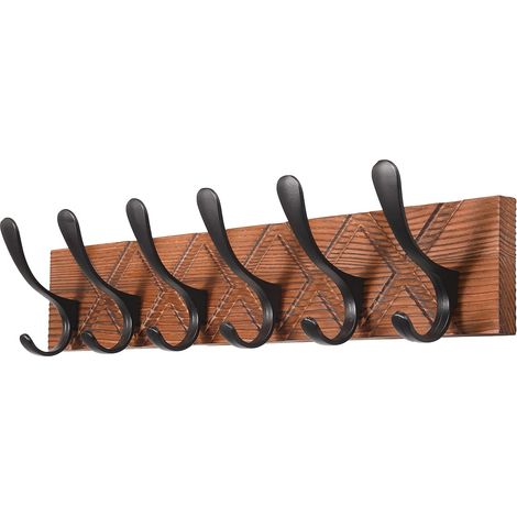 Porte-manteau mural en bois vieilli avec « X » sculptés et 6 crochets pour manteaux, chapeaux, vêtements et écharpes Marron et noir (1/5)