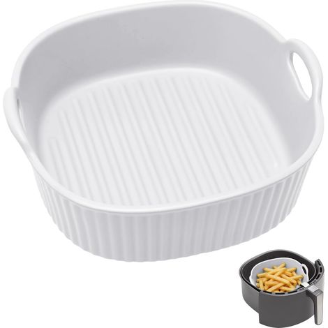 Plat à gratin rond en céramique pour friteuse à air chaud, moule à lasagnes, plat à lasagne, plat à gratin rond émaillé coloré pour lasagnes, frites, soupe (blanc) (1/5)
