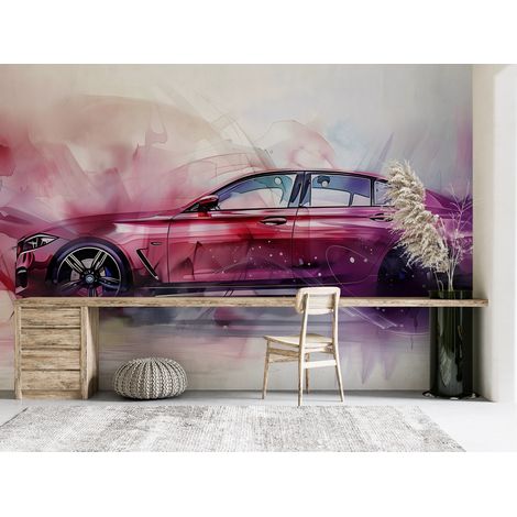 Papier peint voitures - voiture de sport mauve effet aquarelle - 150 x 250 cm (1/2)