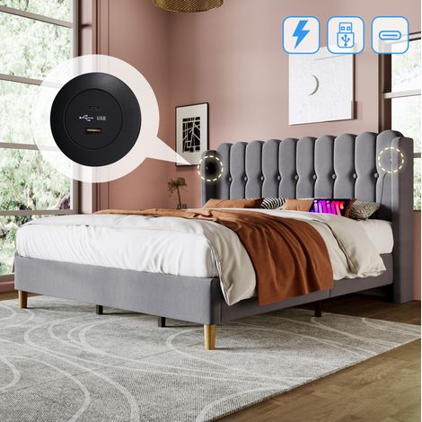 Letto Imbottito 180x200 cm con Testiera in Lino e Funzione di Ricarica USB Type-C (1/5)