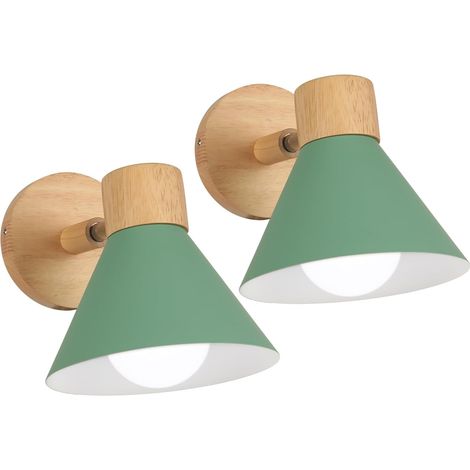 2 piezas Aplique de Pared Interior Regulables Lámparas de Pared Moderna Industrial Madera E27 para Dormitorio Salón Pasillo Café - Ø18cm,Verde Claro (1/5)