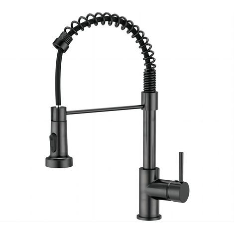 Robinet de cuisine mitigeur extractible 360° en laiton noir brossé – Douchette à 2 jets – Hauteur 42 cm pour nettoyage facile
