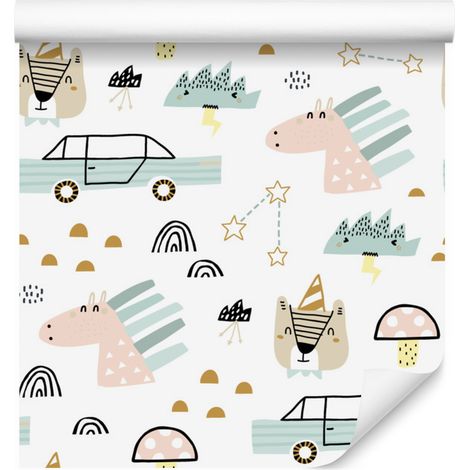 Papier peint voitures, animaux et étoiles pour salon et chambre 50x1000 cm (1/5)