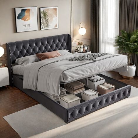 Lit coffre 160x200 cm, Lit double capitonné en velours gris foncé, Lit adulte avec rangement hydraulique, Meuble de chambre à coucher moderne (1/5)