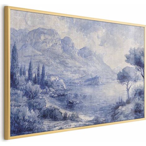 Poster - Baia Blu - Paesaggio italiano del Lago di Como dipinto con inchiostro blu (1/4)