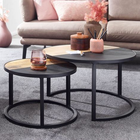 Lot de 2 tables basses 60 et 44 cm en manguier et effet pierre noire (1/5)