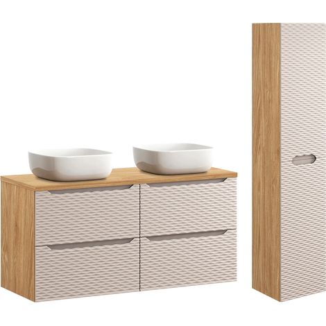 Doppelwaschtisch und Hängesäule 120cm Elora mit 4 Schubladen, Beige und Holzoptik (1/5)