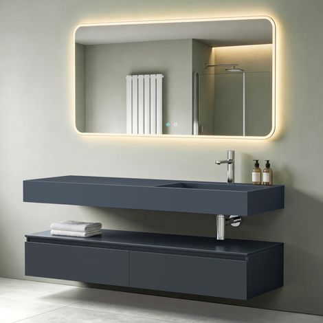 Mai & Mai Meuble de Salle de Bain Gris Noir Mat Ensemble de 3 Pièces Meuble avec Lavabo 150cm et LED Miroir Design Up avec 2 Grands Tiroirs (1/5)