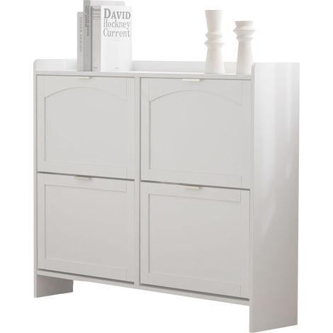 Meuble à chaussures moderne, avec 4 compartiments rabattables, étagère à chaussures autoportante, espaces de rangement ouverts, adapté à l’entrée ou au couloir, blanc, dimensions: L110/H90/P24 cm(OLD (1/5)