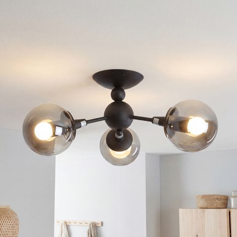Deckenleuchte Metall Rauchglas 48 cm breit Schwarz 3-flammig E27 Kugel Schirm Retro Deckenlampe