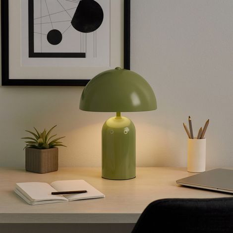 Lampe à poser en métal vert – Hauteur 34 cm – Abat-jour champignon – Type E14 25W – Design rétro futuriste pour bureau et salon – Millumine (1/3)