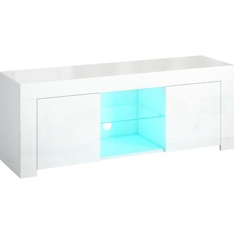 Mueble TV blanco con iluminación LED, 2 puertas, estante de vidrio y pasacables, 120 x 34 x 45 cm (1/5)