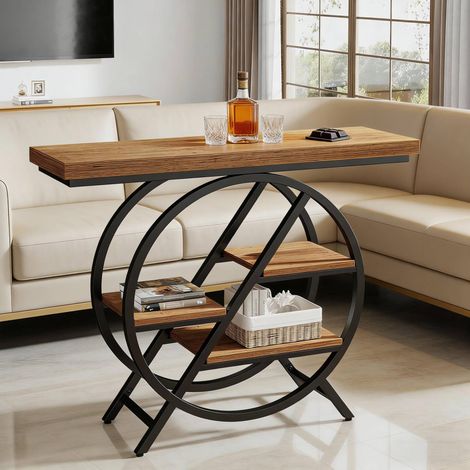 Table console à 4 niveaux marron clair en métal et bois avec rangement (1/5)