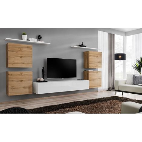 Ensemble mural - Switch IV - 1 vitrine - 1 banc TV - 2 étagères - Bois et blanc - Modèle 1 - Livraison gratuite