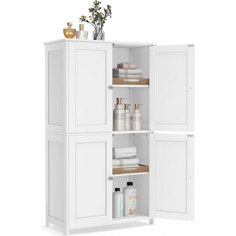 VASAGLE Mobiletto da Bagno, Armadietto con 2 Ripiani Regolabili, Portaoggetti con 4 Ante, Unità Alta Autoportante, per Cucina, Bianco Nuvola BBC553WH01 (1/5)