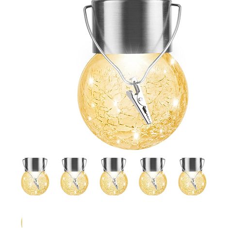 Lot de 6 guirlandes solaires suspendues pour extérieur, lanternes solaires globe étanches avec poignée et pince, boules décoratives en verre craquelé pour décorations de Noël, arbres, cour, jardin (1/5)