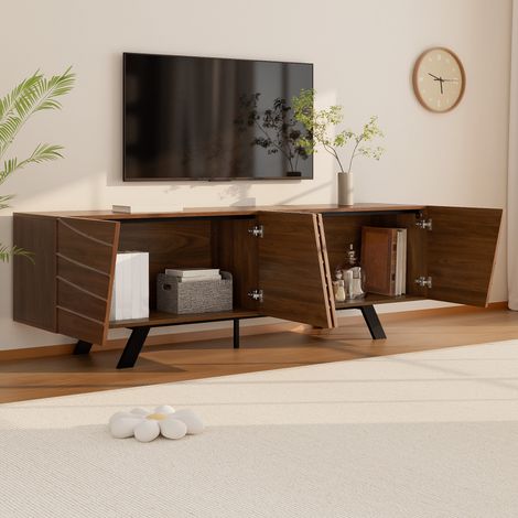 Mueble TV 160x39x50.5cm elegante frente ondulada MDF patas hierro negro nogal (1/5)