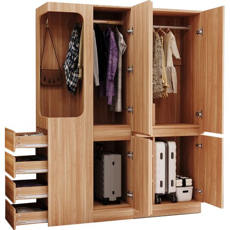 Armario con 3 Puertas, 4 Cajones y 3 Compartimentos, Espacio Abierto para Dormitorio, en Madera, 140 × 40 × 170 cm (1/5)
