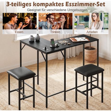 Ensemble de table de bar noir avec 2 tabourets, prise intégrée et cadre métal pour cuisine, studio et coin repas (1/5)