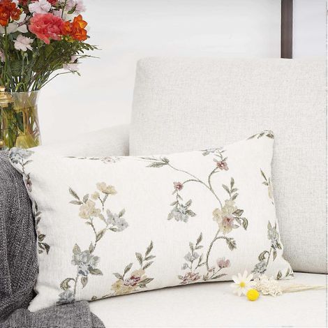 Housse de coussin décorative rectangulaire EternaNest en jacquard brodé classique, motif floral beige, 30 x 50 cm (12 x 20 pouces), blanche. (1/4)
