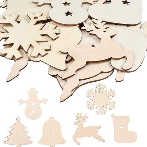 Ornements de tranches de Bois Ornements de Flocon de Neige 60Pcs Ornements de Flocon de décorations de Noël en Bois à Suspendre Neige en Bois pour Artisanat avec Ficelles, 6 Styles (1/4)